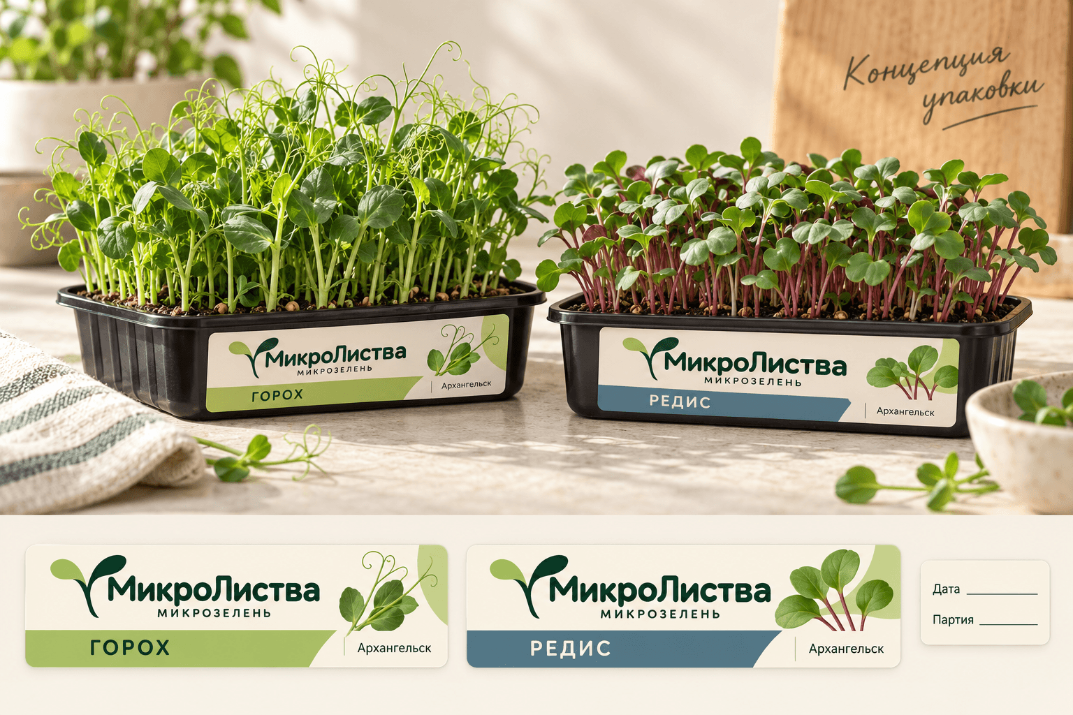 Визуальная концепция лотков микрозелени МикроЛиства
